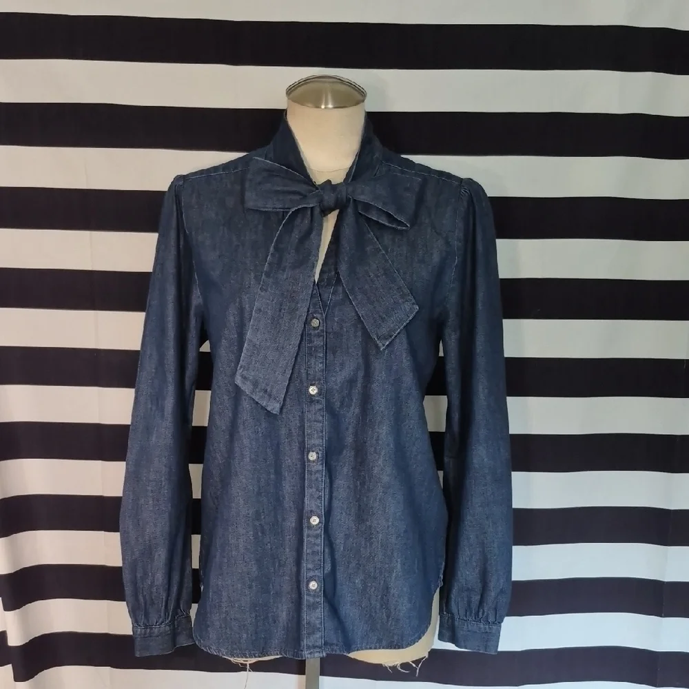 J Crew Tie Neck Medium Denim Shirt NWT